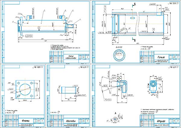 Сборочный чертеж корпуса гидроцилиндра и деталировка